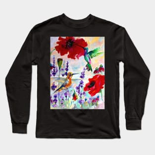 Hummingbirds on Red Poppies Long Sleeve T-Shirt